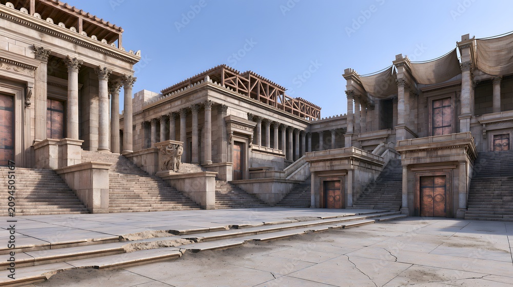 Obraz premium Ancient Alexandria’s Library Reconstruction Sunlit Limestone Courtyard Hellenistic Era Architecture Photograph