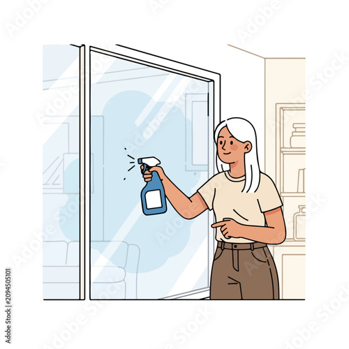 Woman cleaning window with spray bottle in domestic room