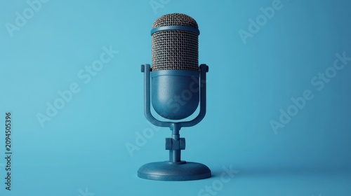 vintage-style blue studio microphone with metal grille on a round stand casting a soft shadow on a monochrome blue background, evoking calm focused nostalgia