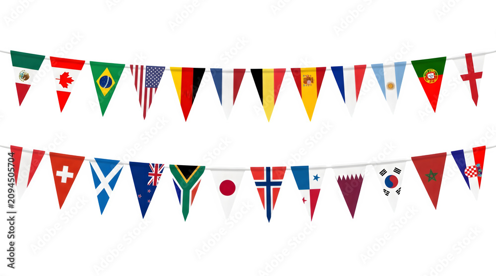 Obraz premium Colorful bunting flags featuring various international national emblems hanging in two rows as a decorative festive display on transparent background