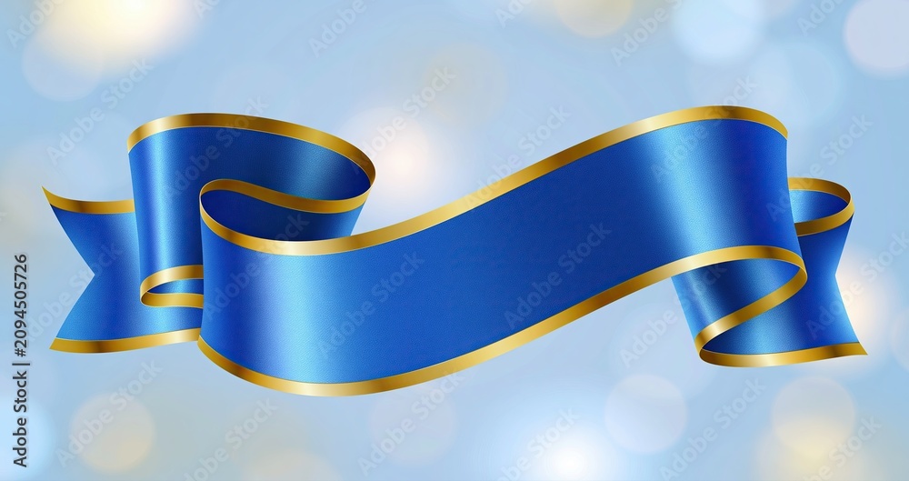 Fototapeta premium A blue ribbon with gold trim arranged gracefully against a subtle gradient, perfect for luxury and celebration themes.
