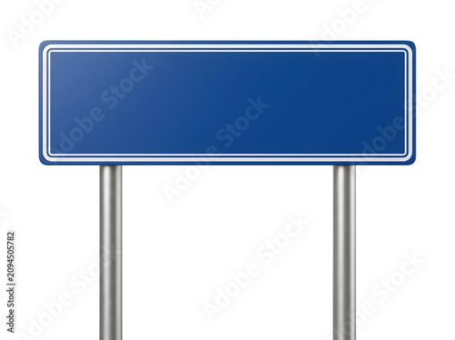 Shiny blue rectangular metal road sign with double white borders mounted on two sturdy silver metal poles on transparent background