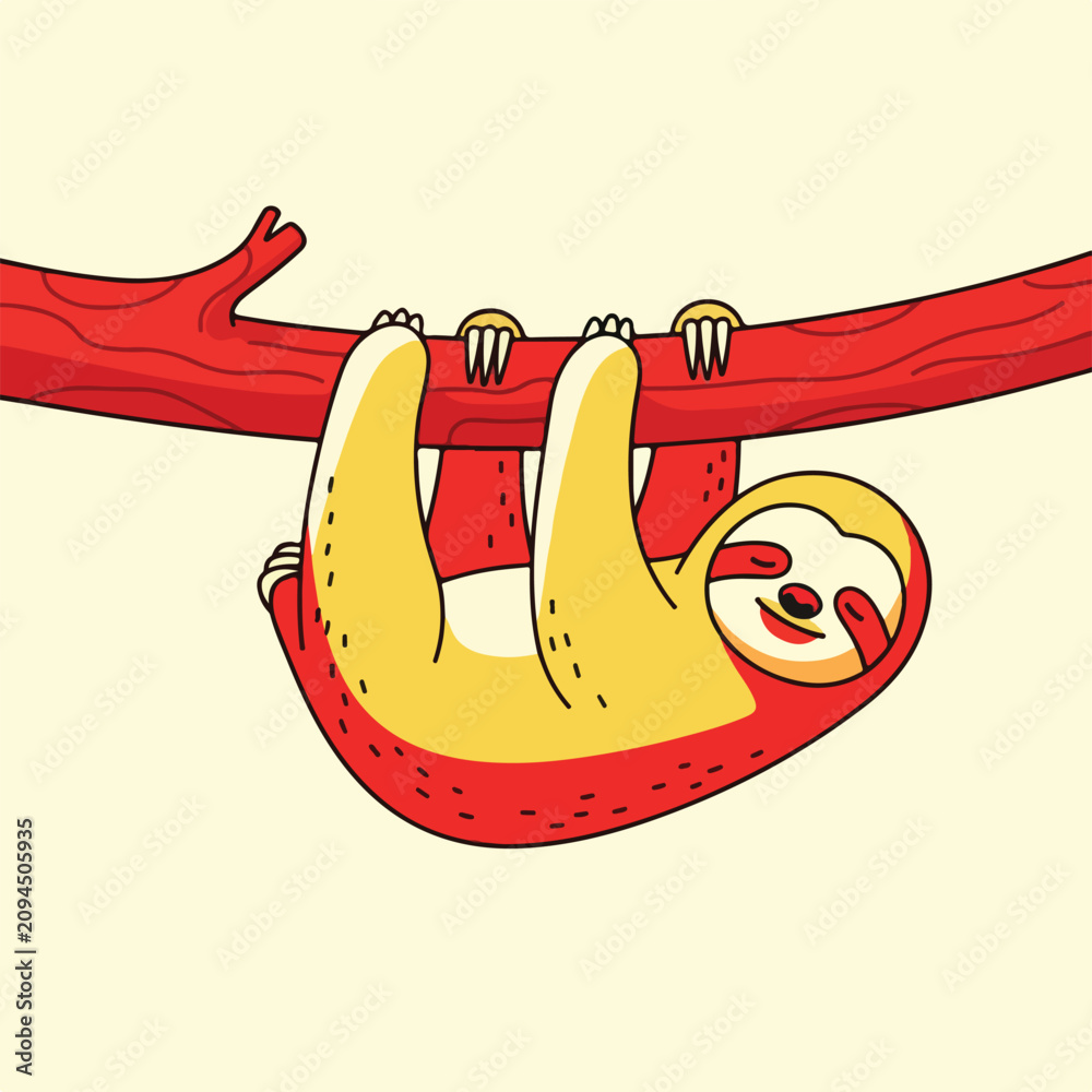 Obraz premium Cute cartoon sloth hanging from a red branch in a relaxed pose