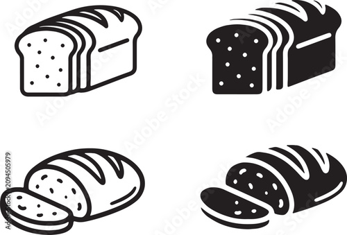 Bread loaf and slice bakery icons collection with breakfast culinary foodstuff