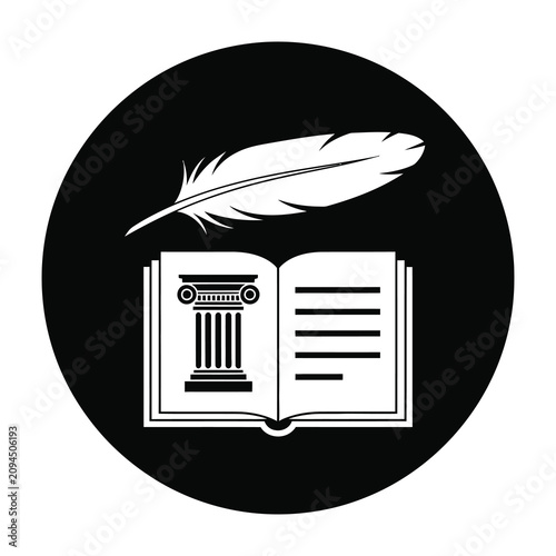 Canvas Print Open Book with Classic Greek Column and Quill Feather Pen Icon in Black Circle