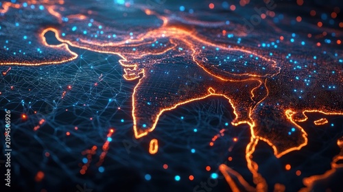 glowing neon digital map of the indian subcontinent with blue and orange network nodes, mesh grid and dynamic connectivity evoking futuristic energy