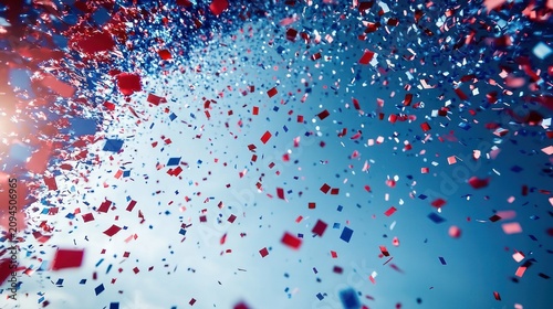 red and blue confetti squares and rectangles bursting across a bright blue sky with sunlight, festive joyful motion and celebratory energy