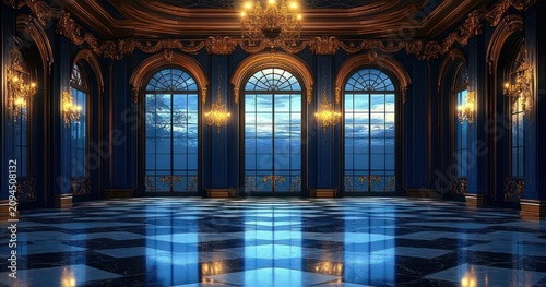 empty opulent ballroom with tall arched windows overlooking calm sea at dusk, blue and gold decor, crystal chandeliers, gilded moldings and reflective checkered marble floor, serene and majestic
