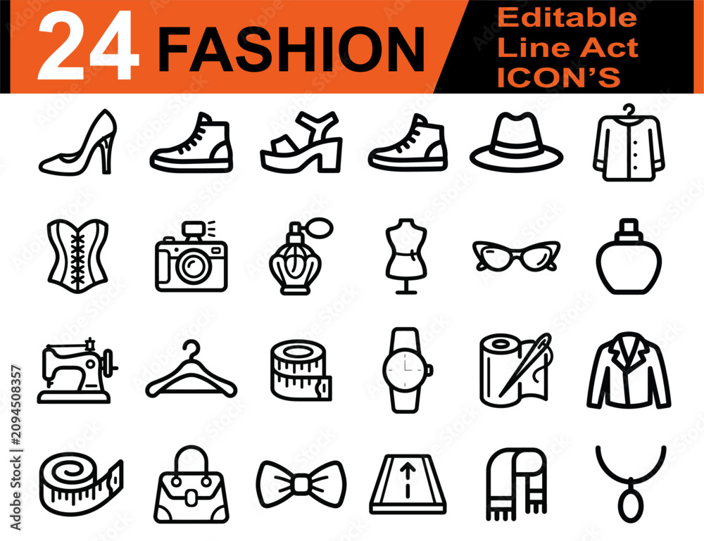 Fototapeta premium 24 Fashion Editable Line Art Icons Set with Shoes Dress Bag Camera Sewing Mannequin Glasses and Accessories Vector Collection