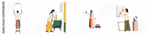 Fotografija Set of illustrations depicting a professional art gallery worker hanging, leveling, and preparing artworks for a contemporary exhibition in a minimalist gallery setting