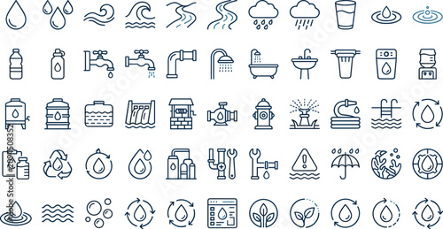 Water resources plumbing and plumbing supply line icons vector set featuring purification systems purification utility plumbing pipes environmental fluid recycling symbols