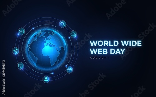 World wide web day celebration graphic with digital earth and tech icons