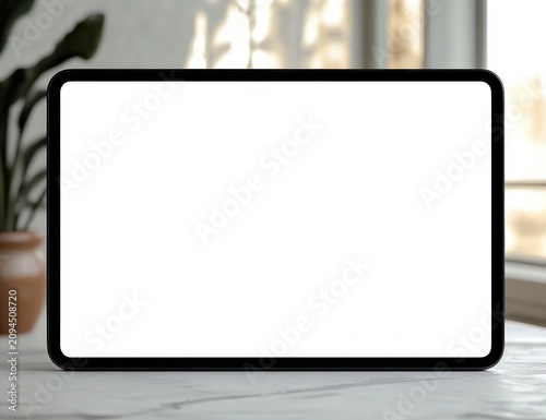 tablet with blank white screen on marble table in a sunlit room with potted plant, window and soft leaf shadows creating a calm minimalist workspace