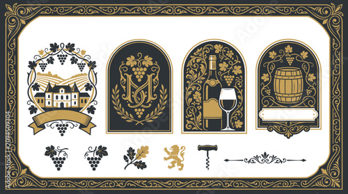 Wine Elegant Emblem Set: Winery Chateau, Vineyard, Grape, Barrel, Bottle, Glass