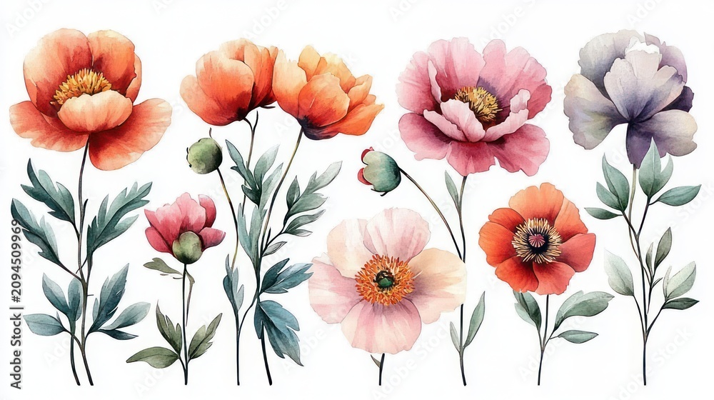 Fototapeta premium assorted watercolor poppy flowers and buds with slender green leaves on white background, soft pastel tones and a delicate, serene mood