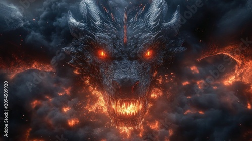 menacing volcanic dragon head emerging from smoky clouds with glowing eyes, fiery jaws, sharp teeth and smoldering embers