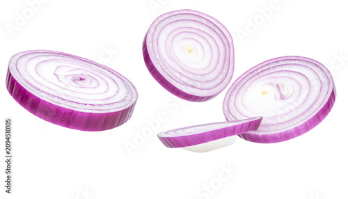 Flying Red Onion Slices Isolated on Black Background Fresh Raw Vegetable Rings for Cooking and Food Design Cutout Graphic Element Set falling purple onion rings healthy organic ingredient backdrop