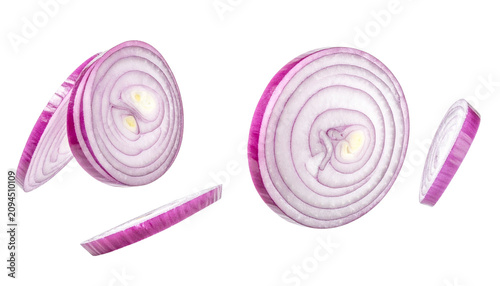 Flying Red Onion Slices Isolated on Black Background Fresh Raw Vegetable Rings for Cooking and Food Design Cutout Graphic Element Set falling purple onion rings healthy organic ingredient backdrop