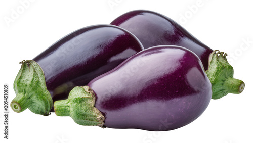 Obraz na plátně Isolated three ripe organic purple eggplants with vibrant green calyx and glossy