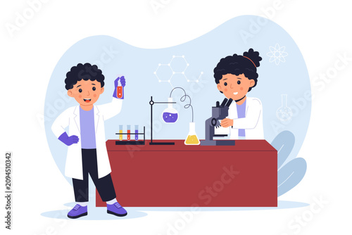 Illustration of Cute Children Doing Research Experiment in Lab. A young boy holding a test tube sample while a girl looks through a scientific microscope at a laboratory desk