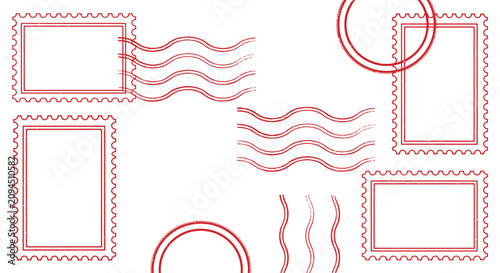 Εκτύπωση καμβά Rectangular And Circular Postal Marks With Wavy Lines Vector Illustration rectan