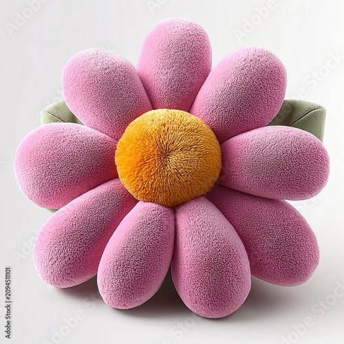 soft oversized pink plush flower cushion with fuzzy yellow center and green leaves on white background, cozy cheerful whimsical