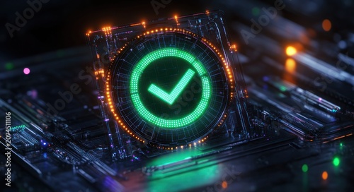 Futuristic glowing green check mark hologram inside a transparent circuit chip with orange LED lights, conveying secure confirmation and technological confidence