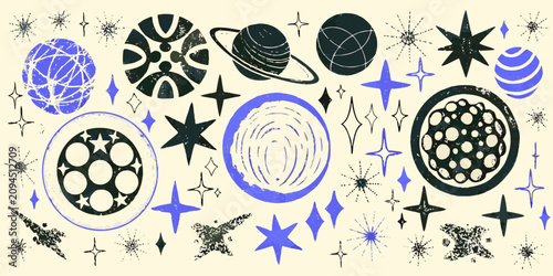 Tableau sur toile Planets stars and celestial shapes in a blue and black vector illustration