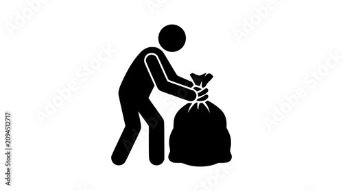 Simple black and white icon depicting a stick figure person bending down to handle a large, tied-up trash bag, representing waste disposal, cleaning, and environmental responsibility