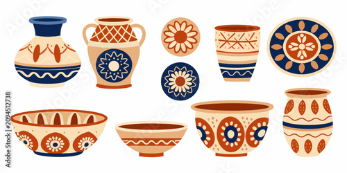 Bild auf Leinwand Collection Of Ceramic Vessels With Ornamental Patterns Vector Illustration