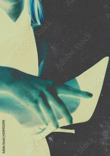 Experimental fashion featuring elegant high heels and feminine hand with negative color inversion. Conceptual photography blending surreal aesthetics, luxury fashion and abstract editorial design.
