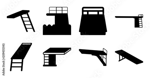 Flat pack playground equipment icons set - Minimalist black icons showing various types of playground slides, swings, and climbing structures in a flat design style.