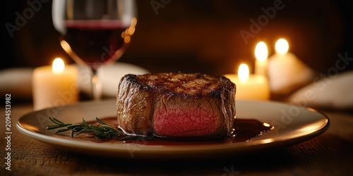 seared filet mignon with rosemary and sauce on a plate, glass of red wine and lit candles creating a warm romantic atmosphere