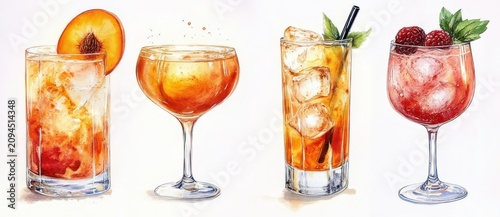 Four vibrant watercolor cocktails with a peach-garnished tumbler, amber coupe, iced highball with mint and a raspberry-sprigged wine glass — bright, refreshing, festive