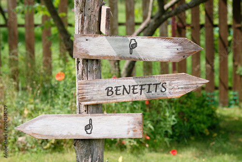 Three wooden arrows on a signpost indicate the benefits in a garden with flowers and green grass in a sunny day