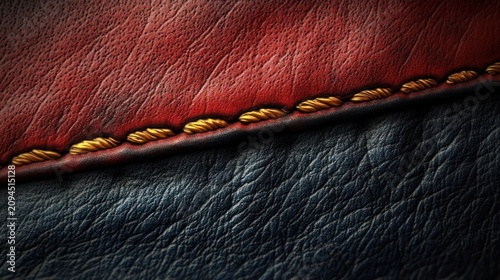 close-up of red and dark leather panels joined by a twisted gold rope seam conveying luxurious tactile warmth and refined elegance