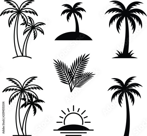  Tropical Island Palm Tree Black Vector Illustration Collection
