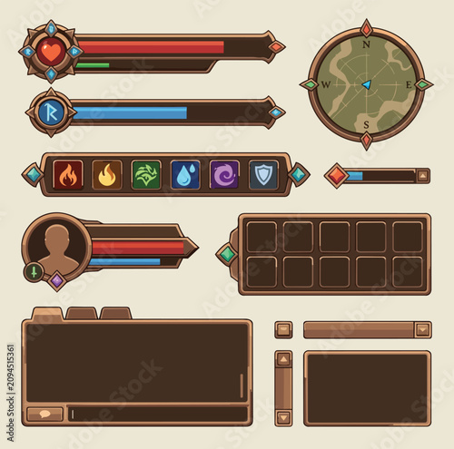 Fantasy Game Interface Pack HUD Elements Flat Vector Collection