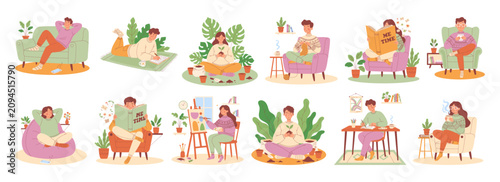 Cozy hobby character set with people reading book, knitting, painting on easel, planting houseplant, relaxing on sofa, hand drawn vector, colorful flat style for mental health wellness poster.