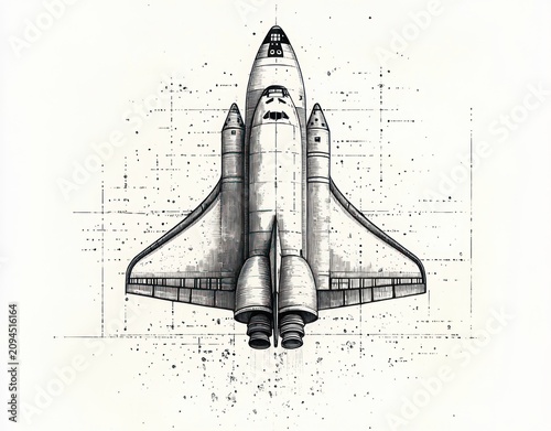 detailed monochrome top-down sketch of a space shuttle orbiter with twin boosters and engine bells on a technical grid background, evoking bold adventurous nostalgia