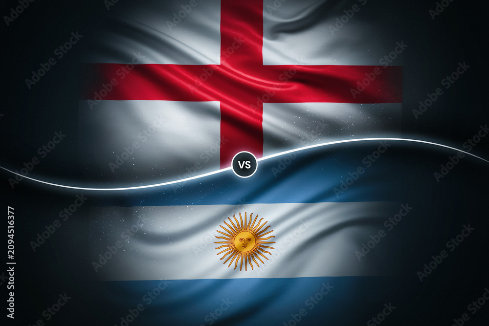 Obraz premium England and Argentina national flags displayed in dynamic silk fabric style with VS badge, representing international football rivalry and World Cup semifinal matchup concept.