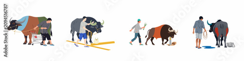 Quadro su tela Flat vector illustrations of men interacting with water buffaloes in various urban and rural contexts featuring modern elements like shopping carts