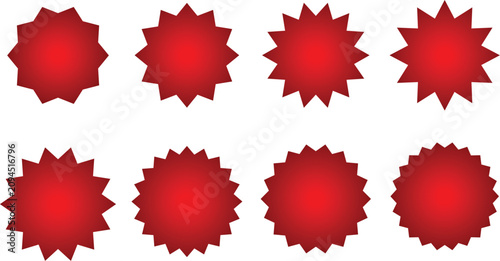 Set of red starburst shapes, sunburst badges, vector design elements, geometric star icons with different number of points for sale tags, stickers, and labels