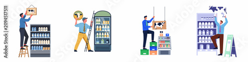 Set of male workers arranging dairy products and cow signs in a supermarket or grocery store dairy aisle.