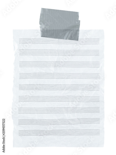 Crumpled music staff paper attached with adhesive tape, isolated on transparent background. Creative paper note mockup for music, education, stationery and design projects