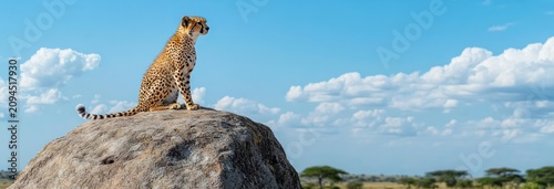 Watchful cheetah perched on rocky outcrop overlooking sunlit savanna with distant acacia trees under a bright blue sky, majestic and alert