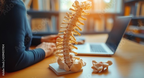 anatomical spine and pelvis model on a desk beside hands typing on a laptop in a warm study or clinic setting, conveying focused medical study and professional consultation