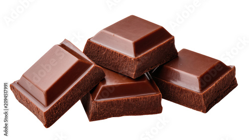 Fotografie Isolated delectable milk chocolate squares and broken chunks, rich sweet dessert