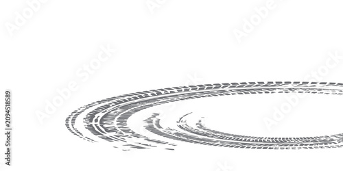 Tire track. Car, bike, motorcycle tyre mark with grunge effect isolated on white background. Wheel footprint on the road. Top view of rubber protector mark