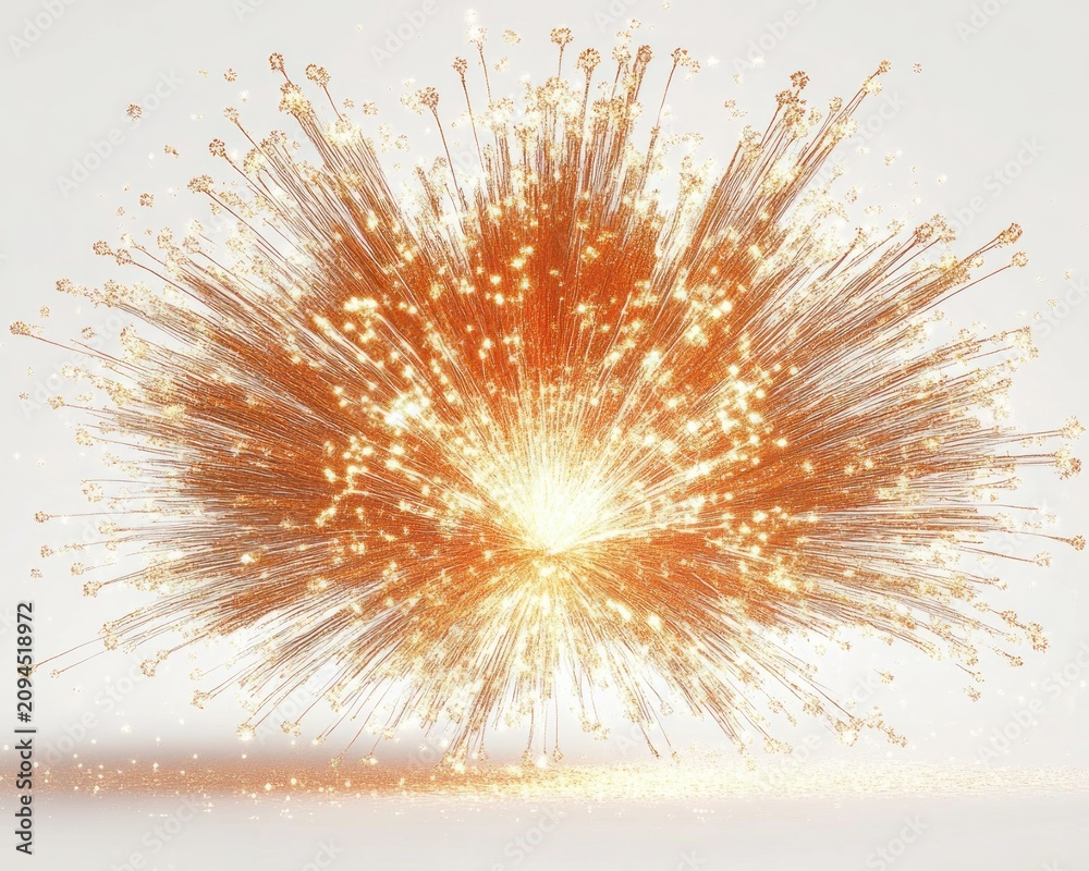 Obraz premium Radiant golden burst with glowing central core, radiating thin filaments and sparkling particles on a pale surface, evoking warmth, celebration and energetic awe